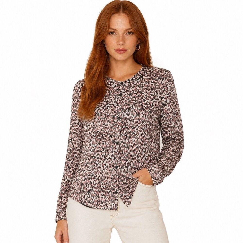 LOFT Petite Medium Sheer Pink Gray Watercolor Print Blouse Button Front Pocket